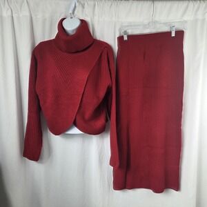 unbranded Womens Red Two Piece Turtle Neck Knitted Sweater Midi Skirt Set Size S